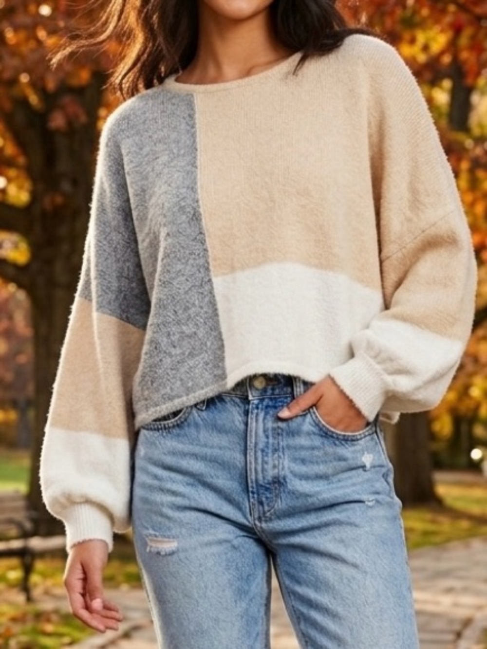 Vici Neutral Colorblock Crewneck Cropped Sweater - Beige, Gray & White - S